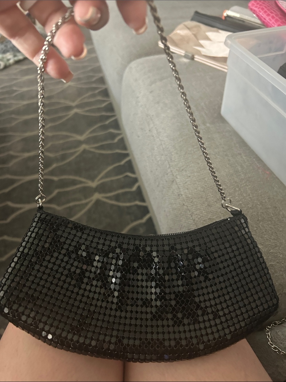 Black Sequin Evening Clutch with Silver Chain